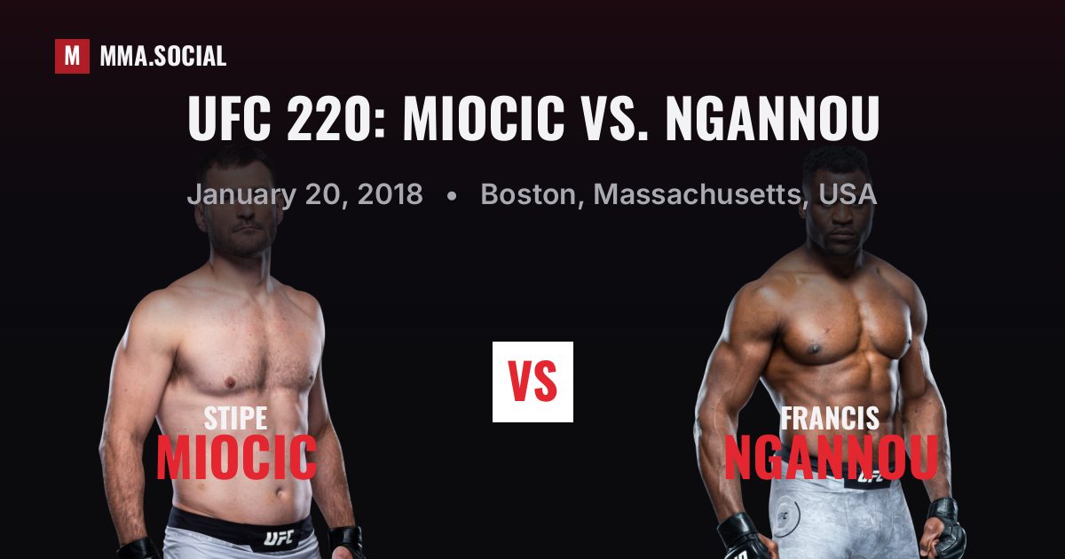 UFC 220: Miocic vs. Ngannou results: Stipe Miocic def. Francis Ngannou by Decision - Unanimous (R5), Jan 20, 2018