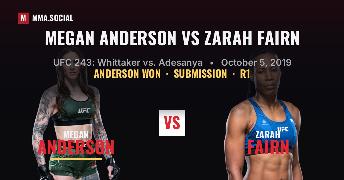Megan Anderson vs Zarah Fairn result: Megan Anderson won by Submission, UFC 243: Whittaker vs. Adesanya