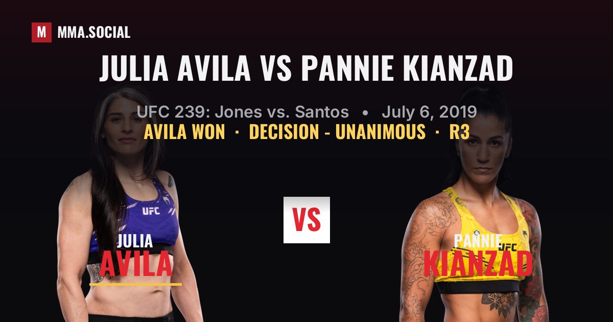Julia Avila vs Pannie Kianzad result: Julia Avila won by Decision - Unanimous, UFC 239: Jones vs. Santos