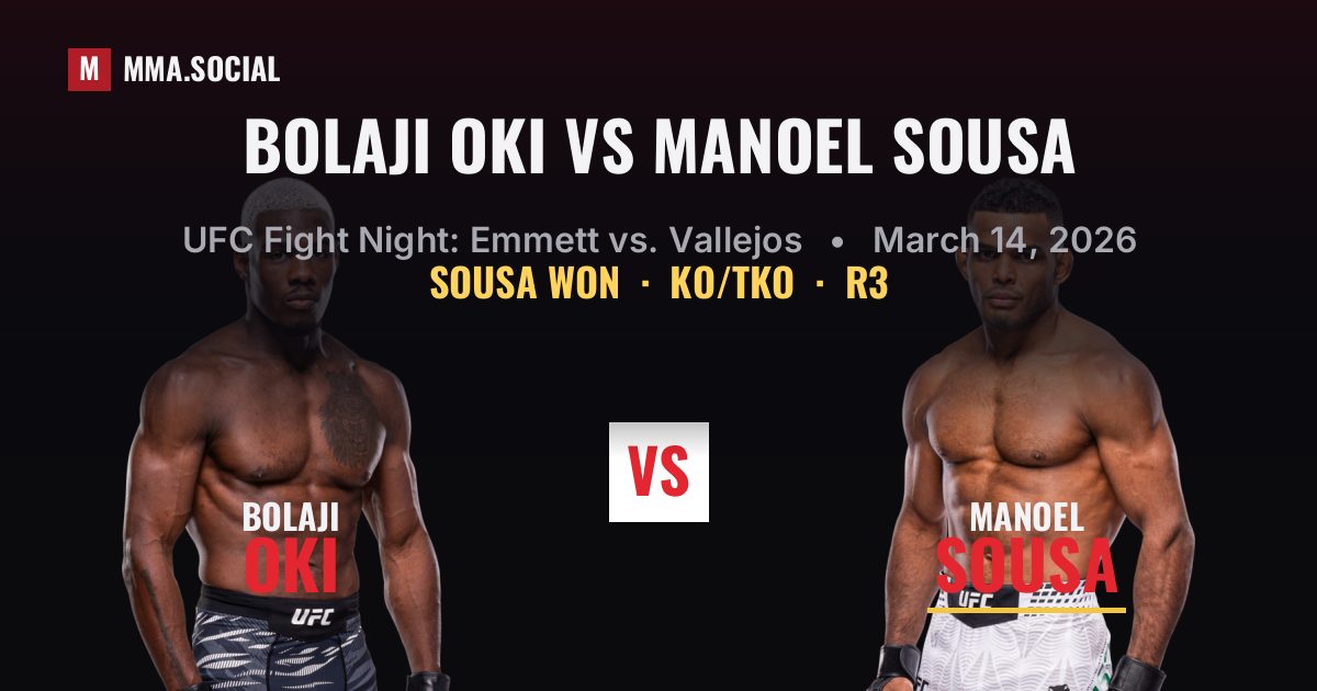 Bolaji Oki vs Manoel Sousa result: Manoel Sousa won by KO/TKO, UFC Fight Night: Emmett vs. Vallejos