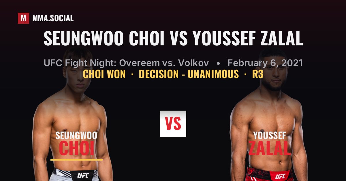 SeungWoo Choi vs Youssef Zalal result: SeungWoo Choi won by Decision - Unanimous, UFC Fight Night: Overeem vs. Volkov