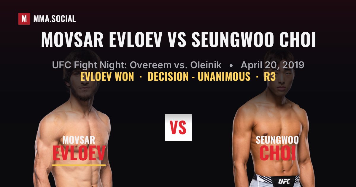 Movsar Evloev vs SeungWoo Choi result: Movsar Evloev won by Decision - Unanimous, UFC Fight Night: Overeem vs. Oleinik