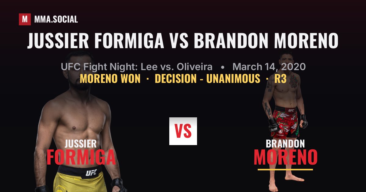 Jussier Formiga vs Brandon Moreno result: Brandon Moreno won by Decision - Unanimous, UFC Fight Night: Lee vs. Oliveira