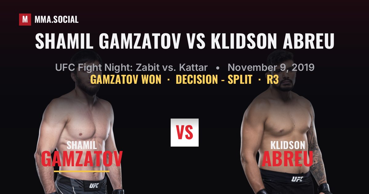 Shamil Gamzatov vs Klidson Abreu result: Shamil Gamzatov won by Decision - Split, UFC Fight Night: Zabit vs. Kattar