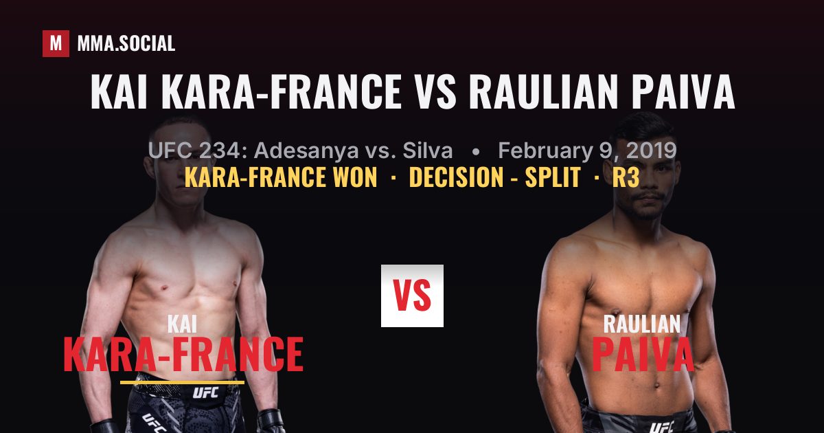 Kai Kara-France vs Raulian Paiva result: Kai Kara-France won by Decision - Split, UFC 234: Adesanya vs. Silva