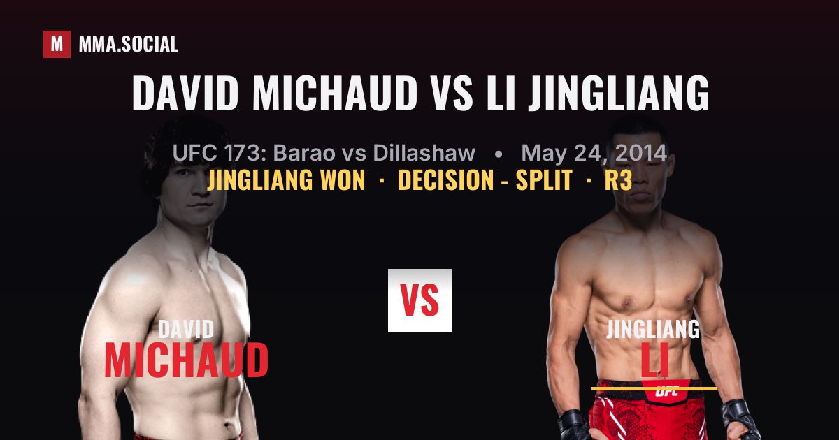 David Michaud vs Li Jingliang result: Li Jingliang won by Decision - Split, UFC 173: Barao vs Dillashaw