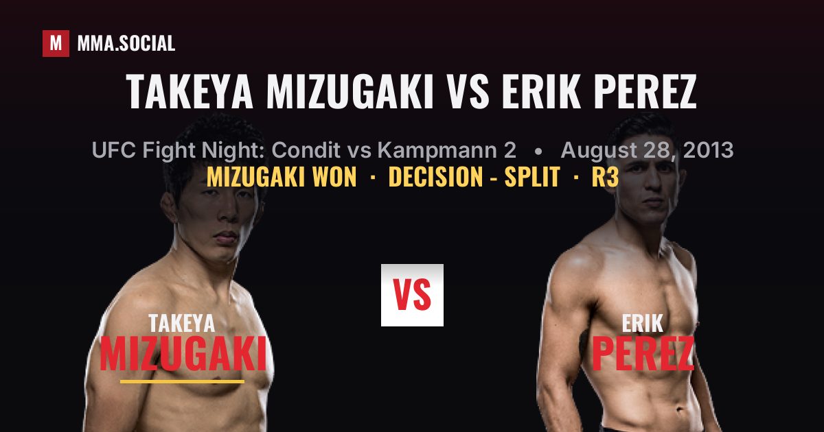 Takeya Mizugaki vs Erik Perez result: Takeya Mizugaki won by Decision - Split, UFC Fight Night: Condit vs Kampmann 2