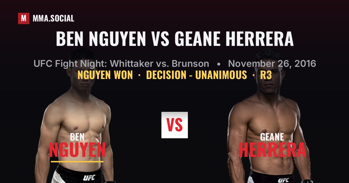 Ben Nguyen vs Geane Herrera result: Ben Nguyen won by Decision - Unanimous, UFC Fight Night: Whittaker vs. Brunson