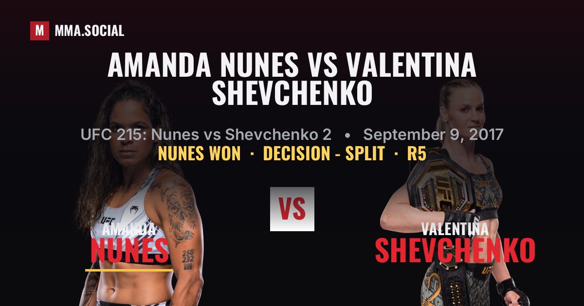 Amanda Nunes vs Valentina Shevchenko result: Amanda Nunes won by Decision - Split, UFC 215: Nunes vs Shevchenko 2