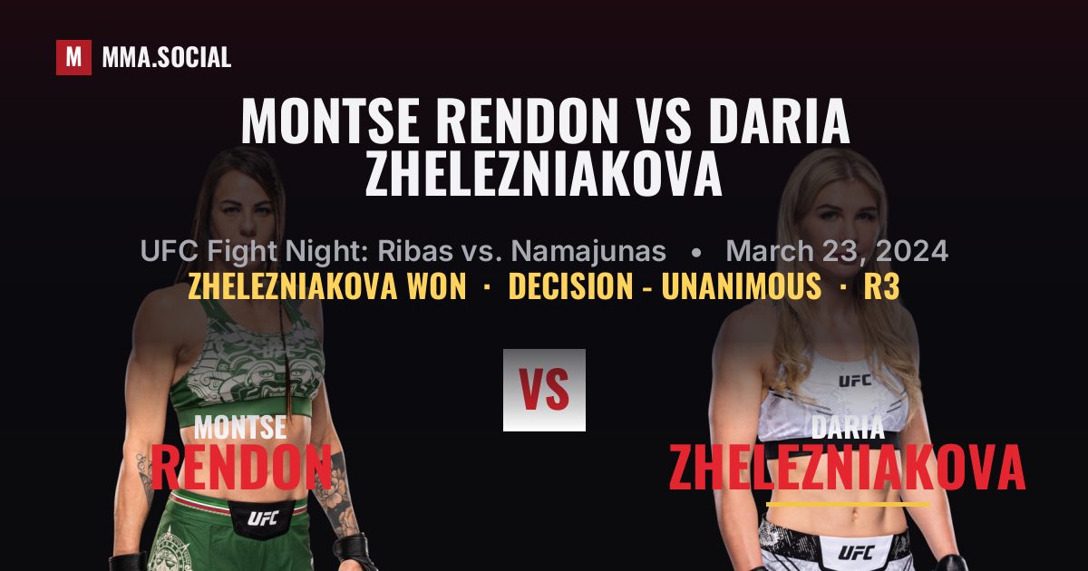 Montse Rendon vs Daria Zhelezniakova result: Daria Zhelezniakova won by Decision - Unanimous, UFC Fight Night: Ribas vs. Namajunas