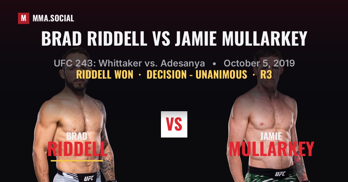 Brad Riddell vs Jamie Mullarkey result: Brad Riddell won by Decision - Unanimous, UFC 243: Whittaker vs. Adesanya