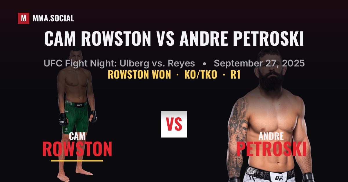 Cam Rowston vs Andre Petroski result: Cam Rowston won by KO/TKO, UFC Fight Night: Ulberg vs. Reyes