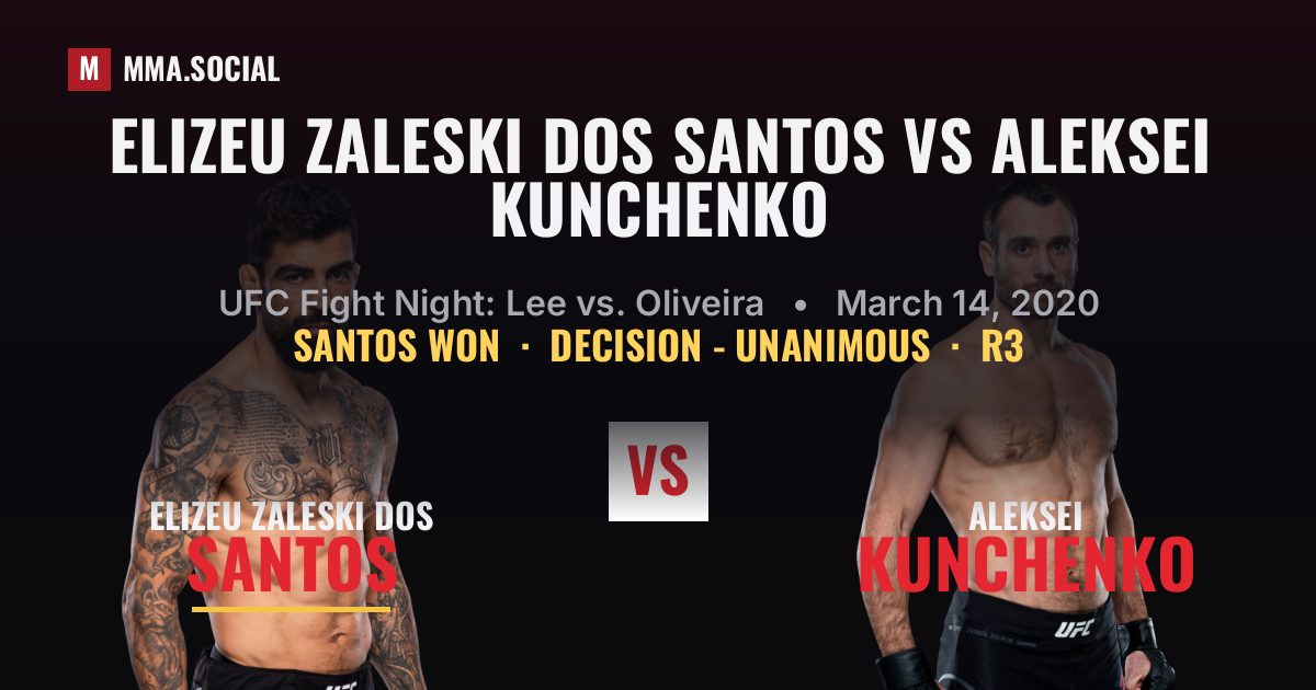 Elizeu Zaleski dos Santos vs Aleksei Kunchenko result: Elizeu Zaleski dos Santos won by Decision - Unanimous, UFC Fight Night: Lee vs. Oliveira