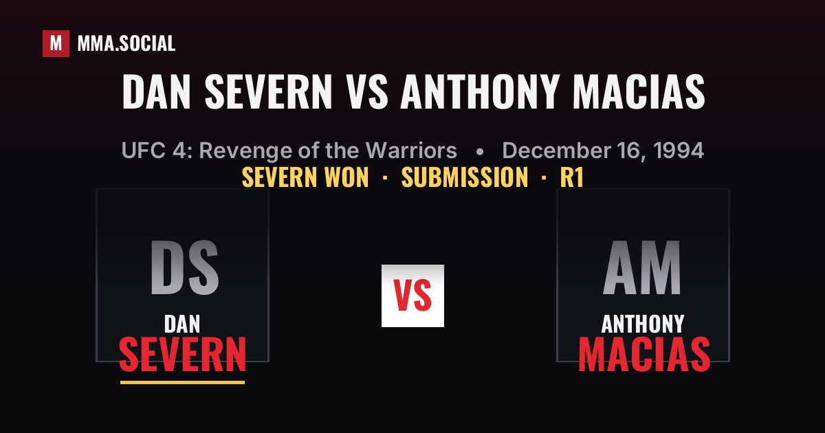 Dan Severn vs Anthony Macias result: Dan Severn won by Submission, UFC 4: Revenge of the Warriors