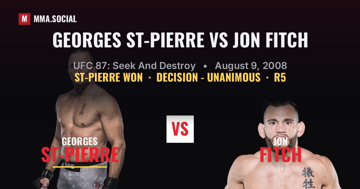 Georges St-Pierre vs Jon Fitch result: Georges St-Pierre won by Decision - Unanimous, UFC 87: Seek And Destroy