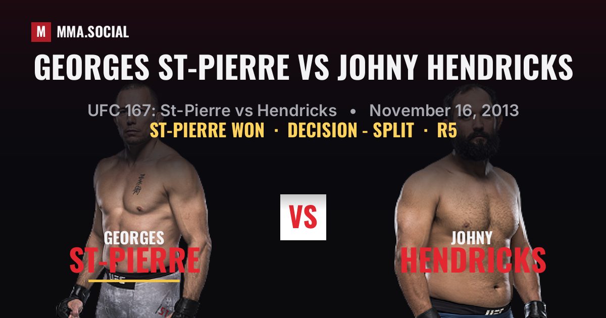 Georges St-Pierre vs Johny Hendricks result: Georges St-Pierre won by Decision - Split, UFC 167: St-Pierre vs Hendricks