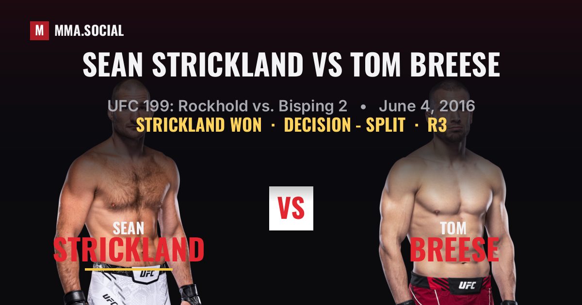 Sean Strickland vs Tom Breese result: Sean Strickland won by Decision - Split, UFC 199: Rockhold vs. Bisping 2