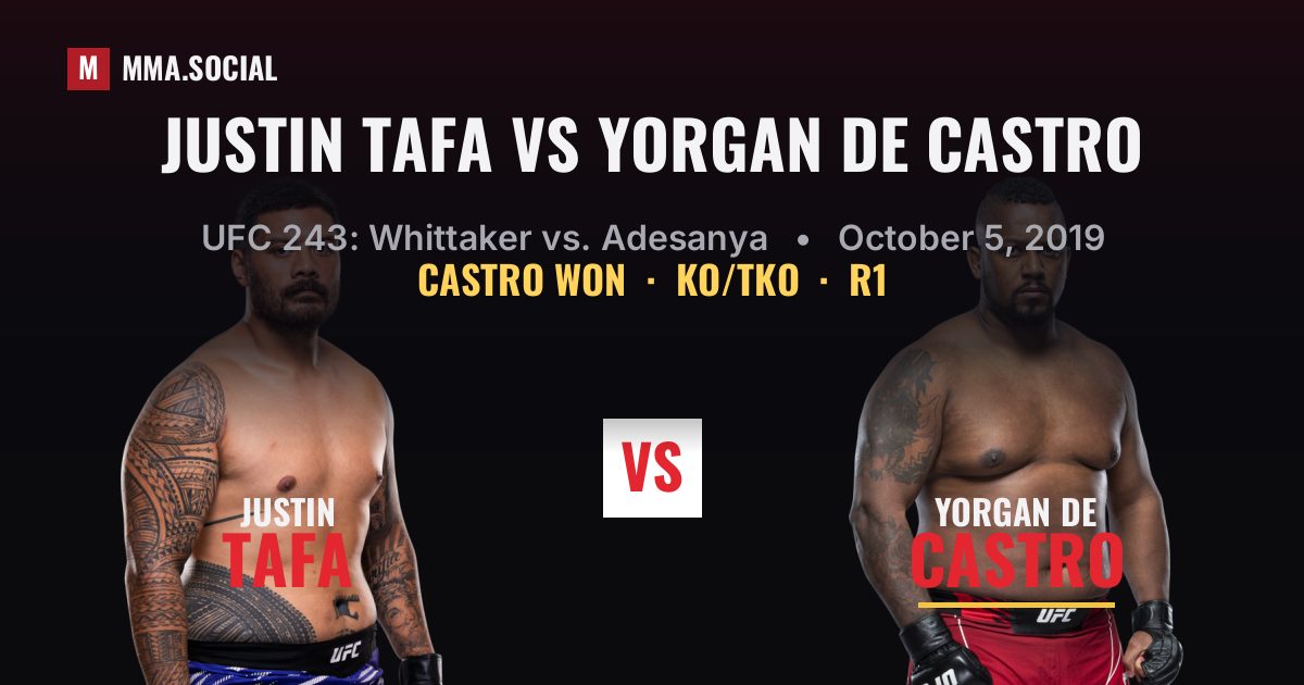 Justin Tafa vs Yorgan De Castro result: Yorgan De Castro won by KO/TKO, UFC 243: Whittaker vs. Adesanya