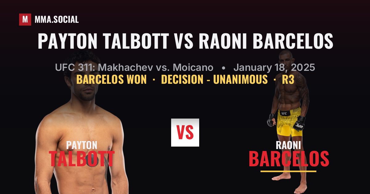 Payton Talbott vs Raoni Barcelos result: Raoni Barcelos won by Decision - Unanimous, UFC 311: Makhachev vs. Moicano