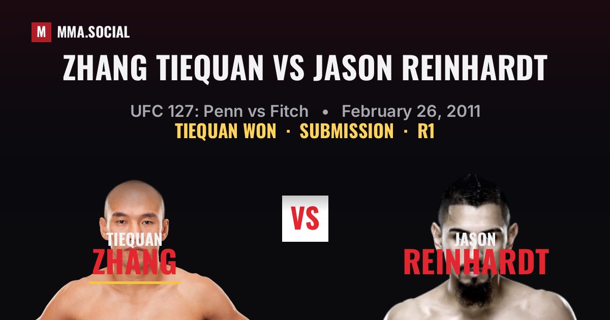 Zhang Tiequan vs Jason Reinhardt result: Zhang Tiequan won by Submission, UFC 127: Penn vs Fitch