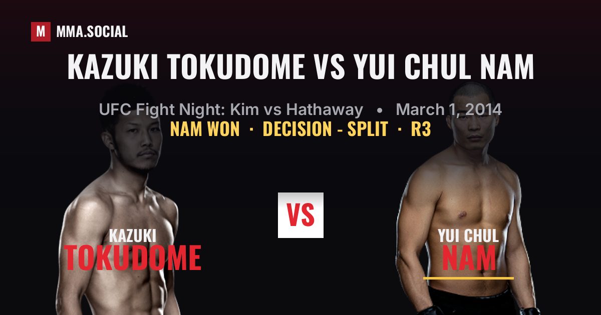 Kazuki Tokudome vs Yui Chul Nam result: Yui Chul Nam won by Decision - Split, UFC Fight Night: Kim vs Hathaway