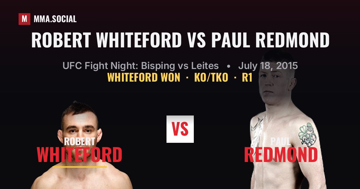 Robert Whiteford vs Paul Redmond result: Robert Whiteford won by KO/TKO, UFC Fight Night: Bisping vs Leites