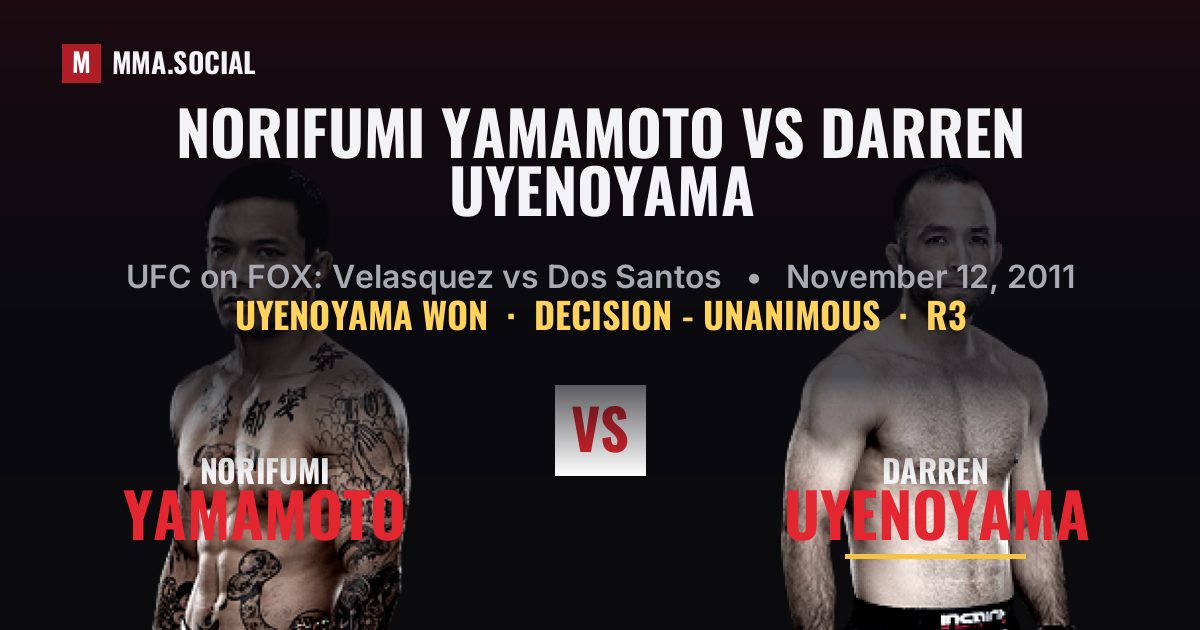 Norifumi Yamamoto vs Darren Uyenoyama result: Darren Uyenoyama won by Decision - Unanimous, UFC on FOX: Velasquez vs Dos Santos